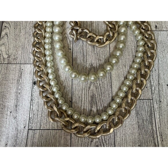 Chunky Chain Faux Pearl Necklace Fashion Jewelry Multi Layered Gold Tone - Picture 3 of 6